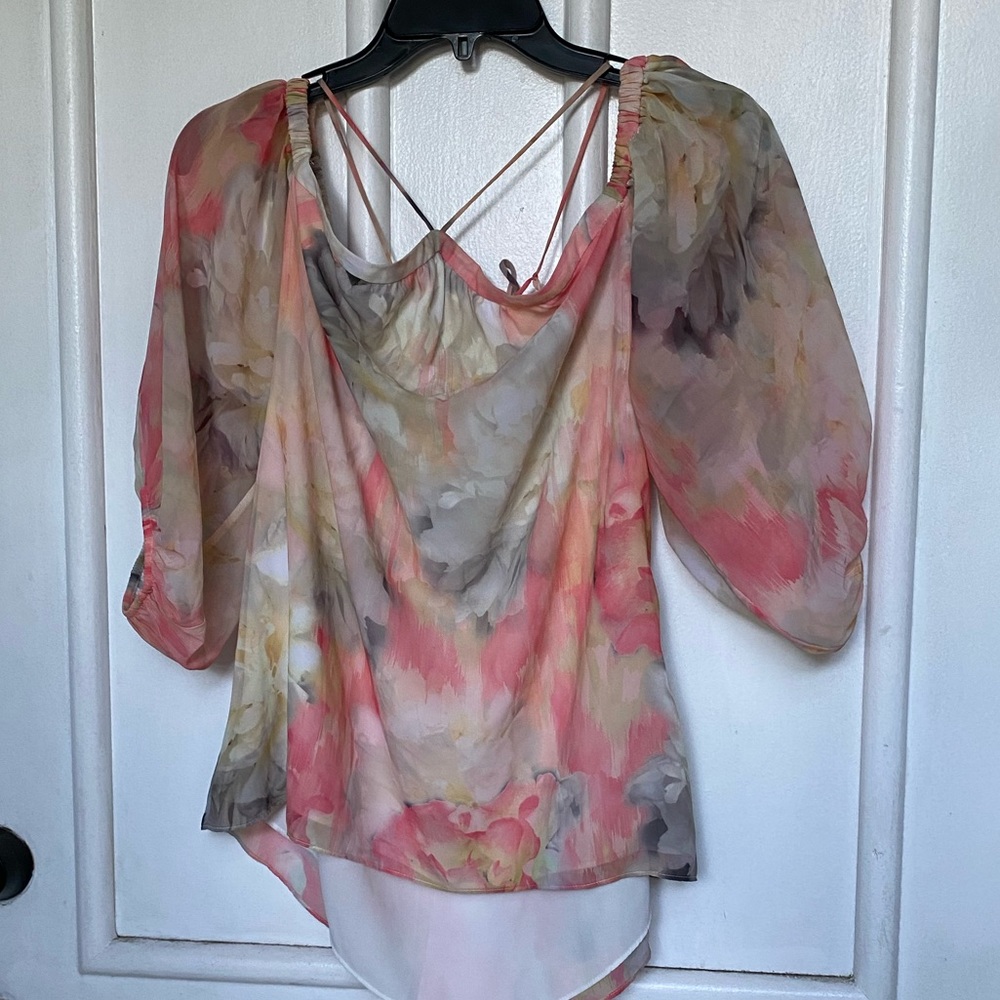 WHBM Tie Halter Cold Shoulder “Abstract” Watercolor Floral Blouse